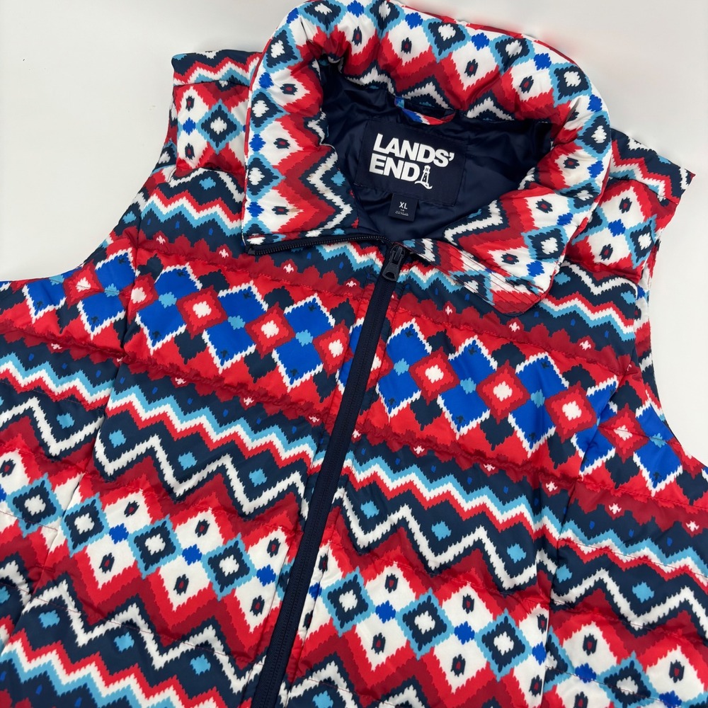 Lands' End Womens Puffer Vest XL Multicolor Geometric Down Insulated Gorpcore